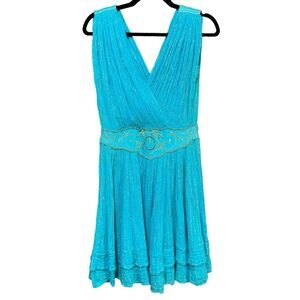 Vintage 80’s Gauze Teal w/Gold Embroidery Metallic Details Dress/Swim Cover Up